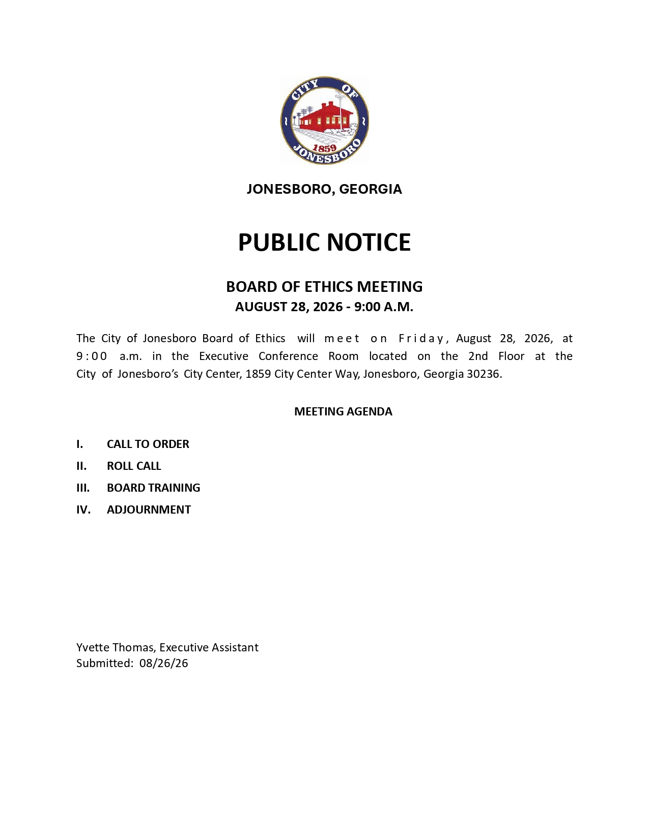 PUBLIC NOTICE - Board of Ethics Meeting